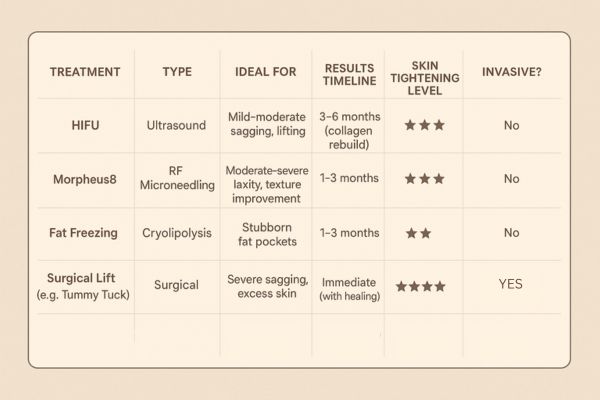 Table showing the comparisons of Skin tightening Enfield Highway treatment options.